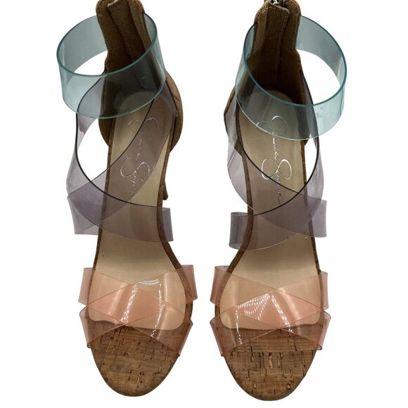 Jessica Simpson 8M Cork Clear Strap Heels Multicolor Stiletto Sandals Cocktail - Picture 8 of 14